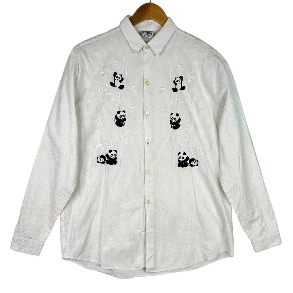 Vintage Panda Bamboo Embroidered Button Down Shirt White Mini Polka Dots Mens‎ M